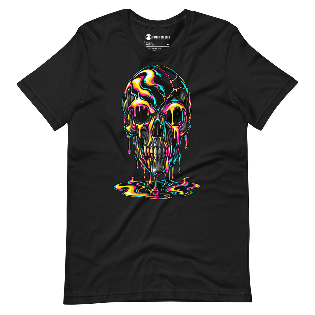 Vintage black Neon Meltdown Cyan T-shirt featuring a skull dripping yellow, pink, cyan and green into a swirling pool.