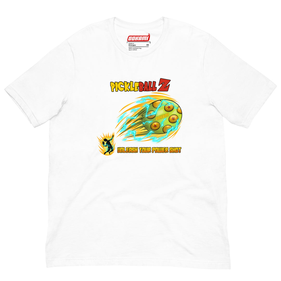 Pickleball Z anime-inspired graphic T-shirt featuring a flaming power-shot pickleball design Dragonball Z