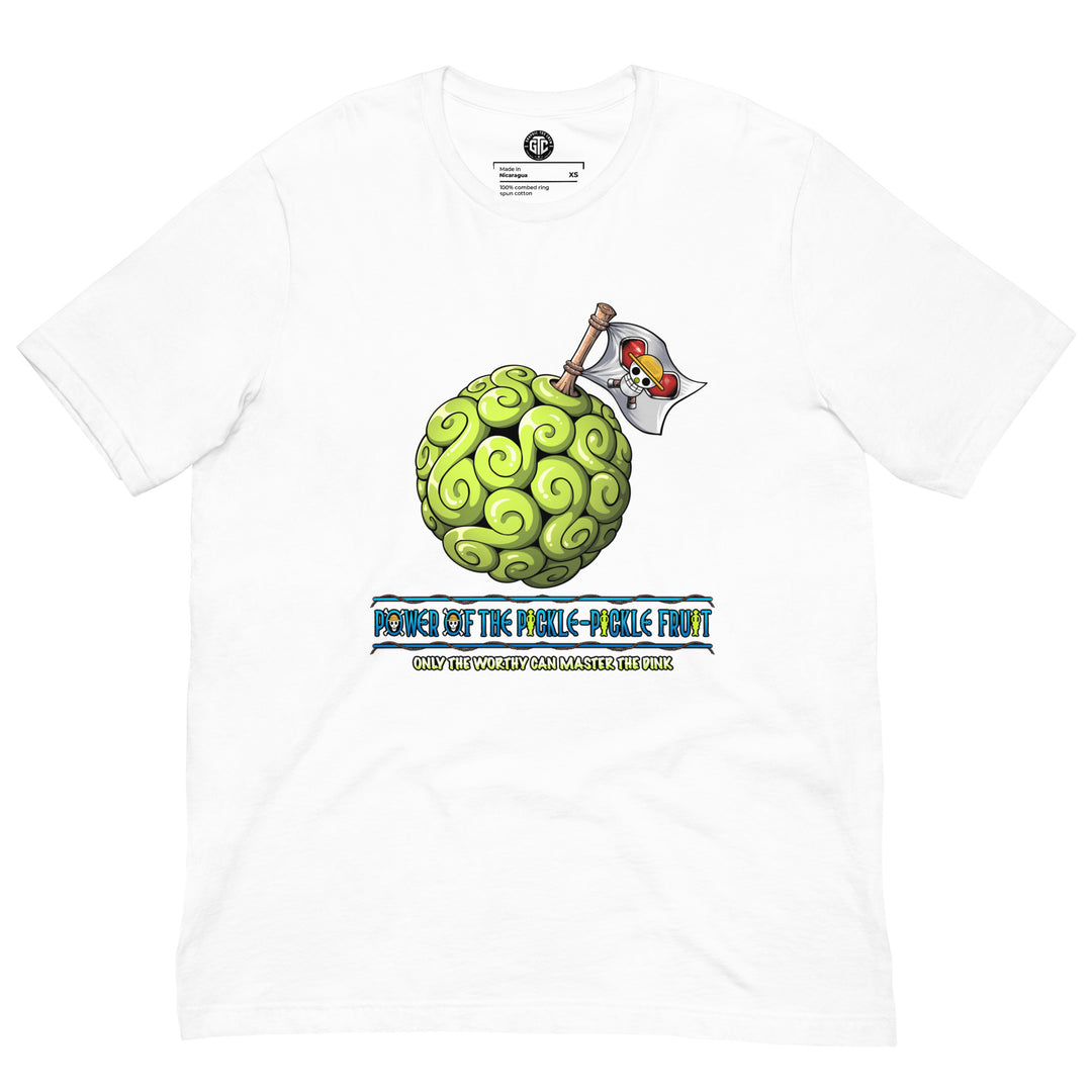 Pickle-Pickle  Devil Fruit anime-inspired pickleball graphic T-shirt with green swirling fruit artwork