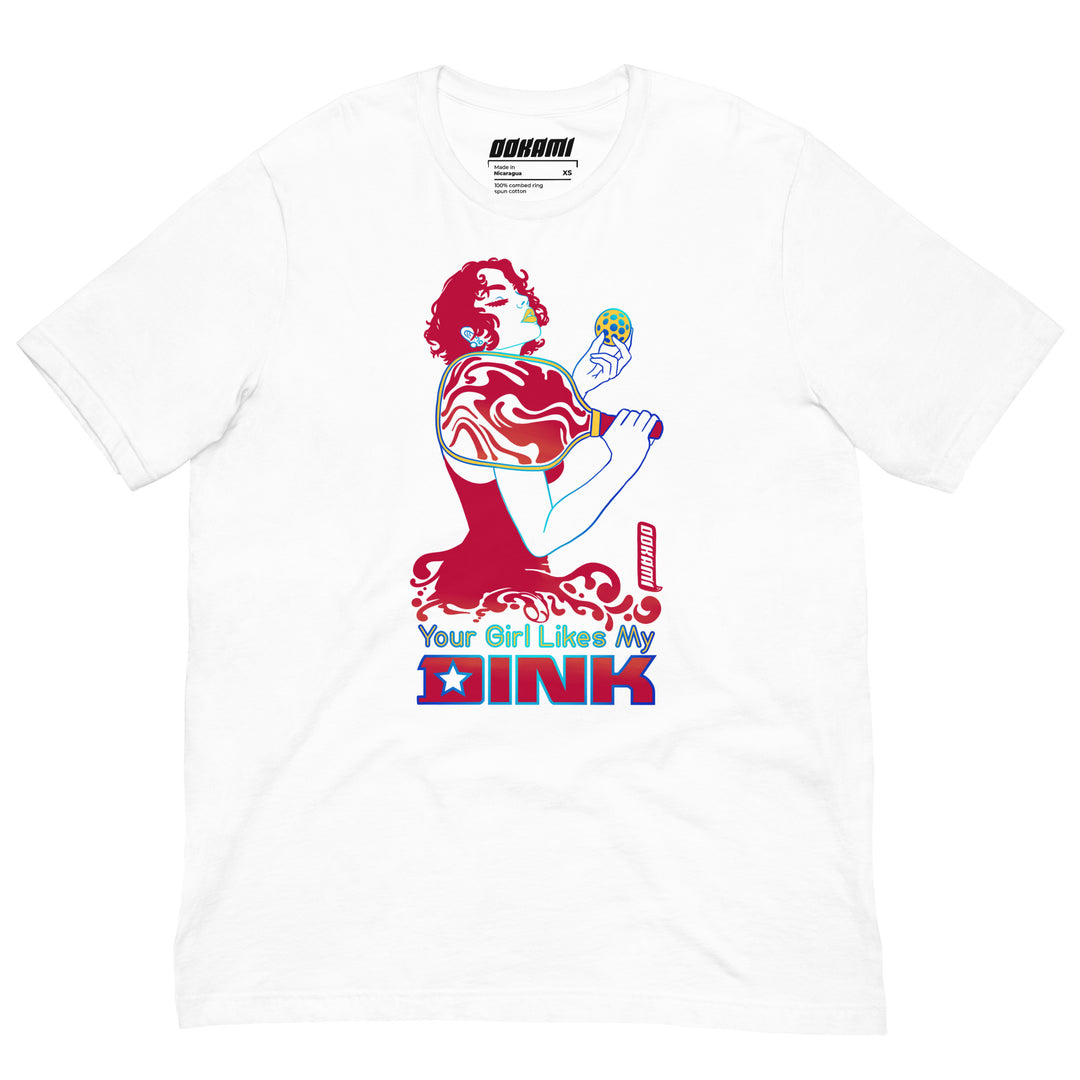 Your Girl Likes My Dink funny pickleball T-shirt with a stylish woman in a fancy dress