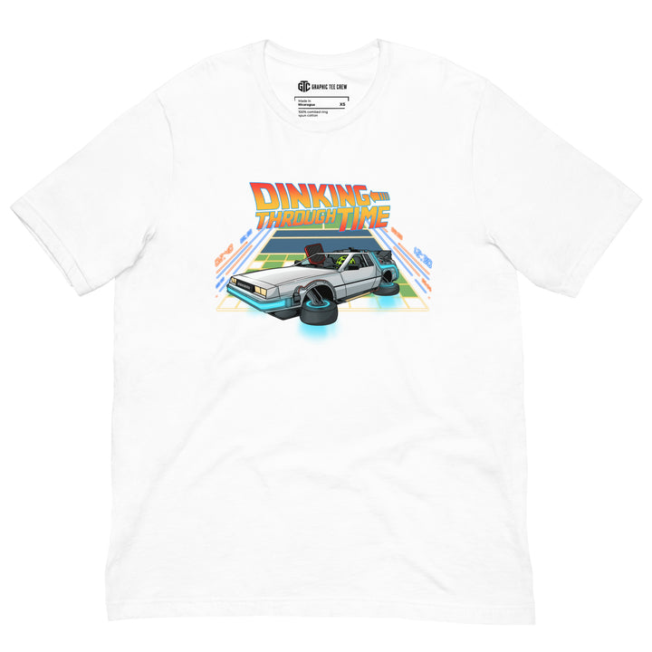 Dinking Through Time 80s-inspired pickleball T-shirt featuring a retro hover car racing across a neon pickleball court back to the future 