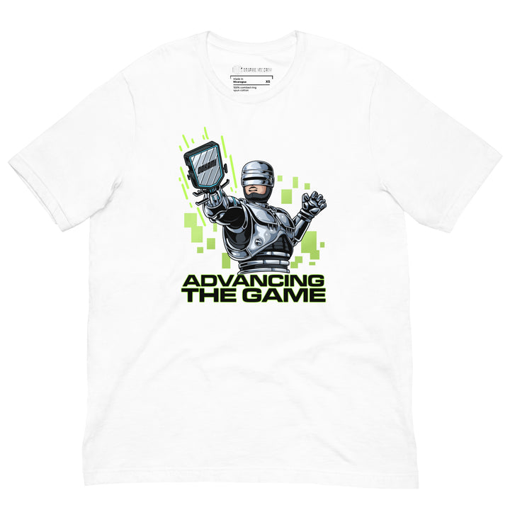 Advancing the Game 80s-inspired  RoboCop pickleball T-shirt featuring an armored retro robot holding a paddle with neon-green digital graphics