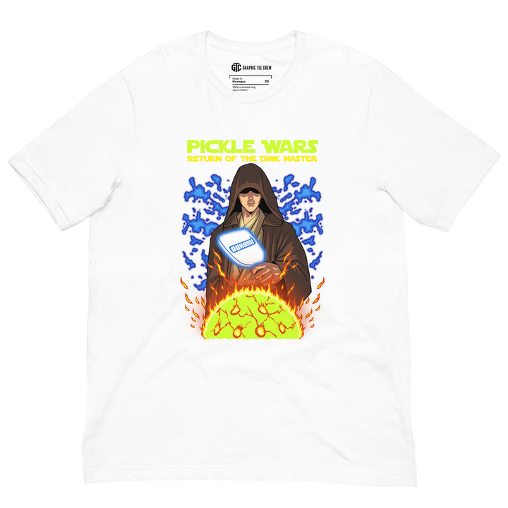 Return of the Dink Master pickleball T-shirt featuring a hooded Jedi galactic paddle master with a glowing paddle, blue energy and orange flames