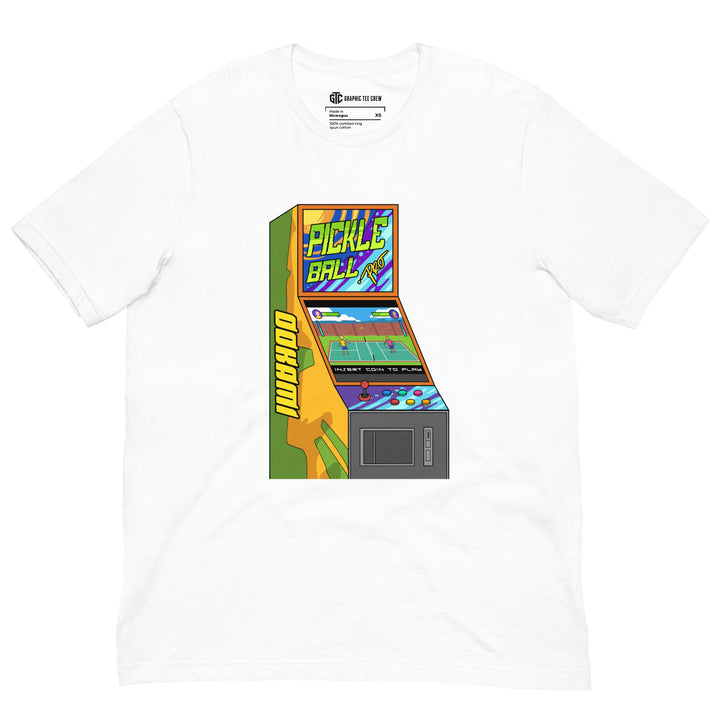 White Pickleball Pro retro arcade T-shirt featuring a pixel-style pickleball game