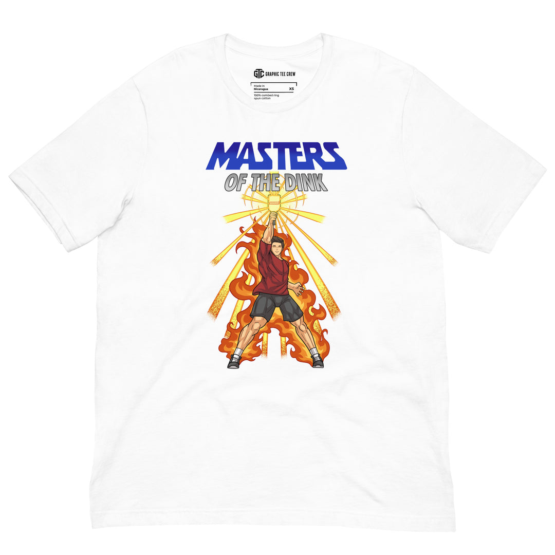 Masters of the Dink retro pickleball graphic T-shirt featuring a heroic player raising a glowing paddle above orange flames