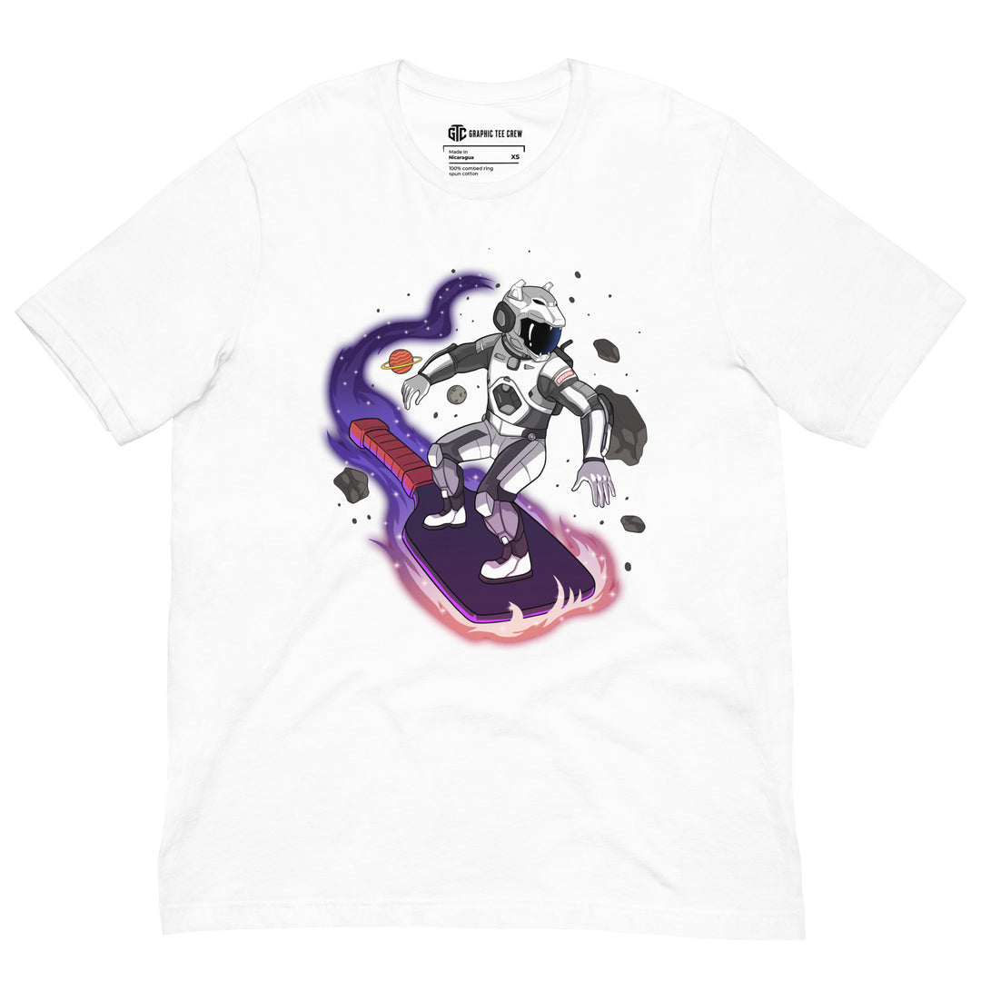 Cosmic Surfer pickleball graphic T-shirt featuring an armored space traveler riding a glowing paddle through planets and asteroids