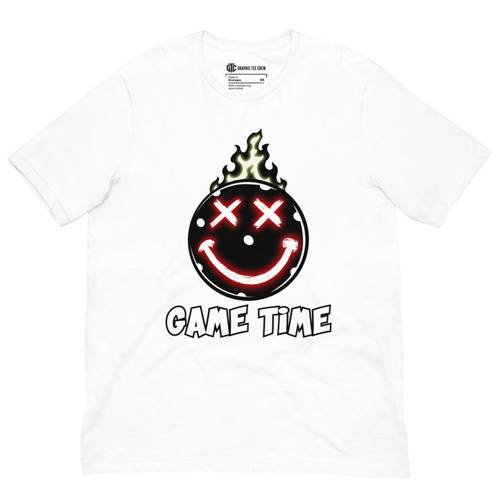 Game Time flaming pickleball graphic T-shirt featuring glowing red X-shaped eyes, a smiling face and green flames