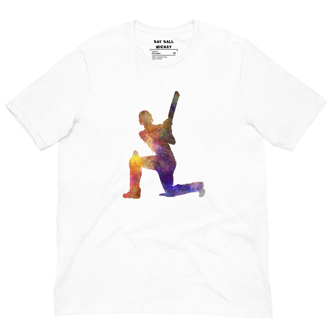 Color Splash cricket graphic T-shirt featuring a vibrant watercolor silhouette of a batter playing a powerful sweep shot