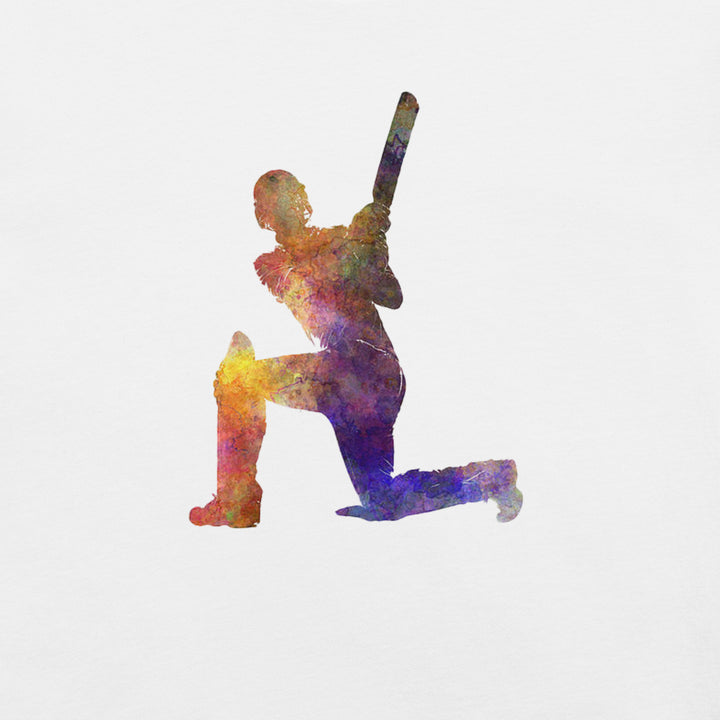 Color Splash cricket graphic T-shirt featuring a vibrant watercolor silhouette of a batter playing a powerful sweep shot