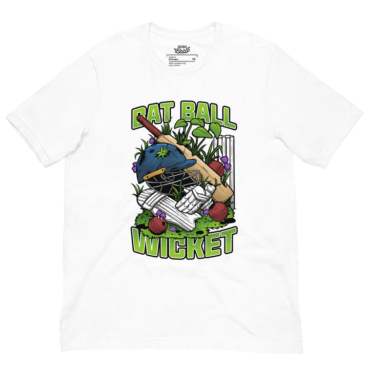 Nature Takes the Wicket cricket graphic T-shirt featuring an overgrown helmet, crossed bats, pads, gloves, red balls, stumps, leafy plants and purple mushrooms