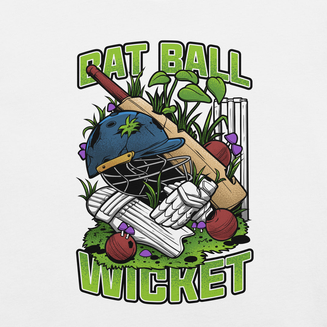 Nature Takes the Wicket cricket graphic T-shirt featuring an overgrown helmet, crossed bats, pads, gloves, red balls, stumps, leafy plants and purple mushrooms