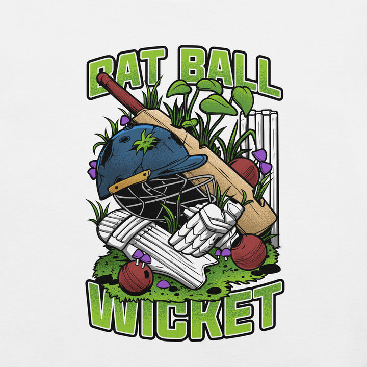 Nature Takes the Wicket cricket graphic T-shirt featuring an overgrown helmet, crossed bats, pads, gloves, red balls, stumps, leafy plants and purple mushrooms