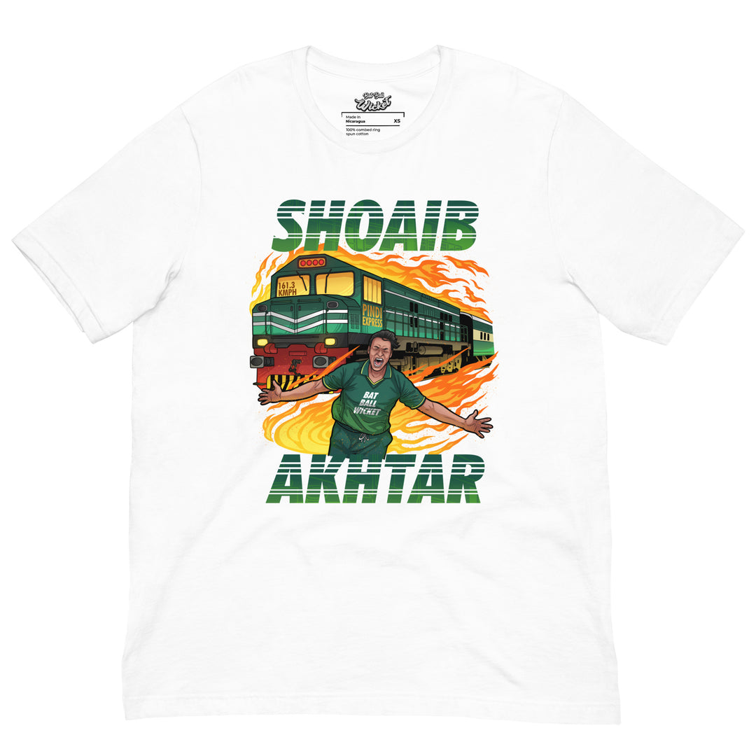 Shoaib Akhtar Pindi Express cricket T-shirt featuring the Pakistani fast bowler, a green locomotive, fiery speed trails and his record-breaking 161.3 KMPH delivery