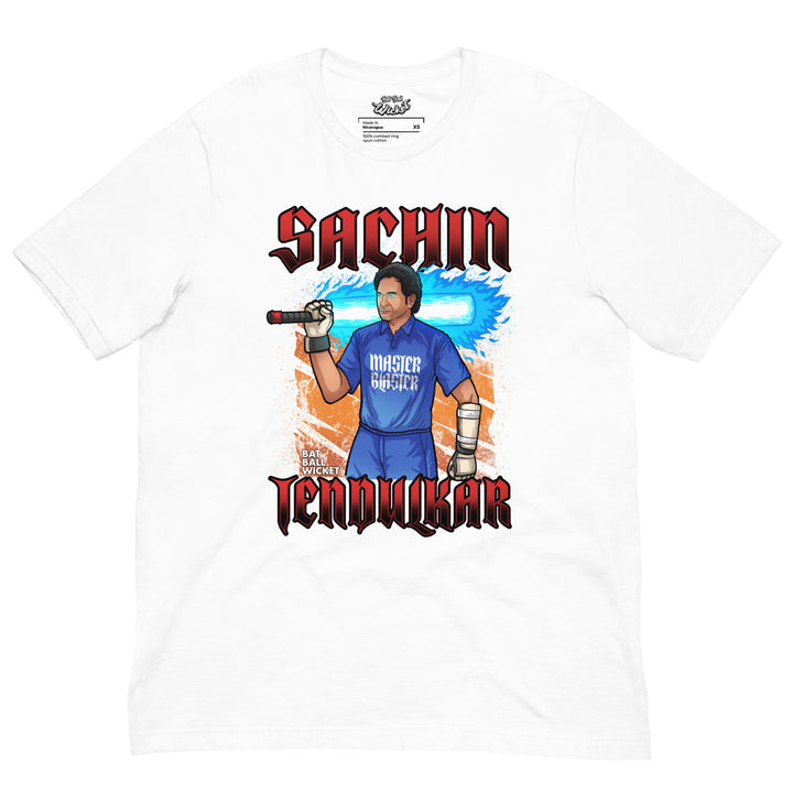Sachin Tendulkar Master Blaster cricket T-shirt featuring the Indian batting legend holding a cricket bat with a bright blue energy trail and bold red lettering