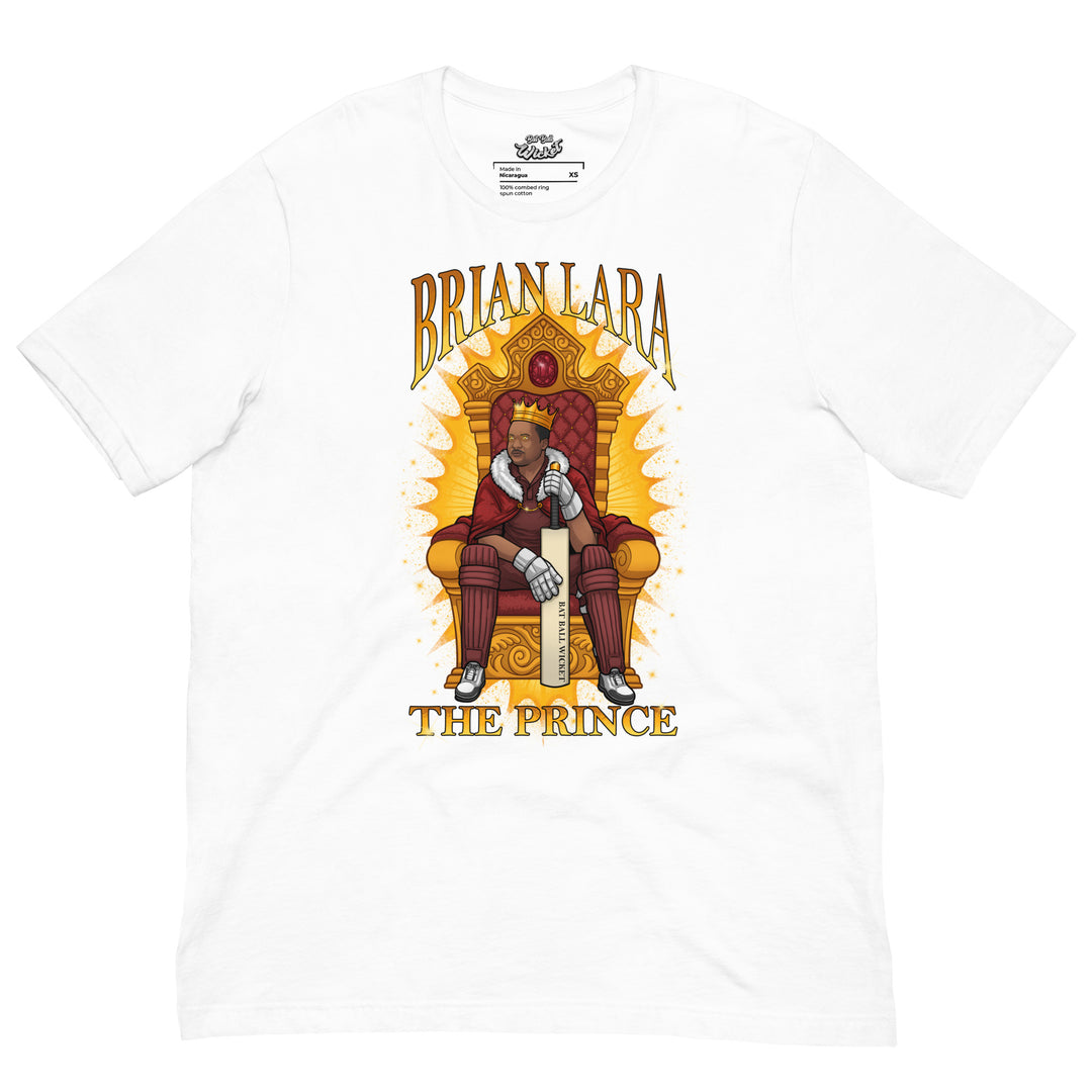 Brian Lara Prince of Port of Spain cricket T-shirt featuring the West Indies batting legend wearing a crown and seated on a golden throne with his cricket bat