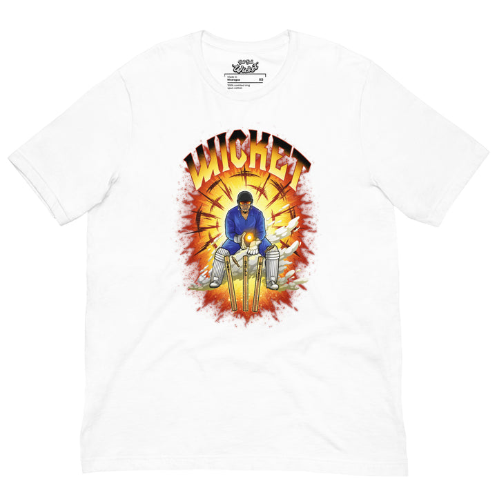 Wicket Guardian cricket T-shirt featuring a crouching wicketkeeper catching a glowing orange ball behind Bat Ball Wicket stumps with an explosive sunburst