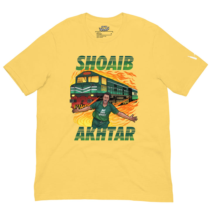 Shoaib Akhtar Pindi Express cricket T-shirt featuring the Pakistani fast bowler, a green locomotive, fiery speed trails and his record-breaking 161.3 KMPH delivery