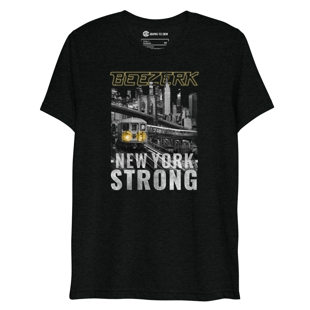 Black Beezerk New York Strong T-shirt featuring a city skyline, bridge and subway train with yellow highlights.


